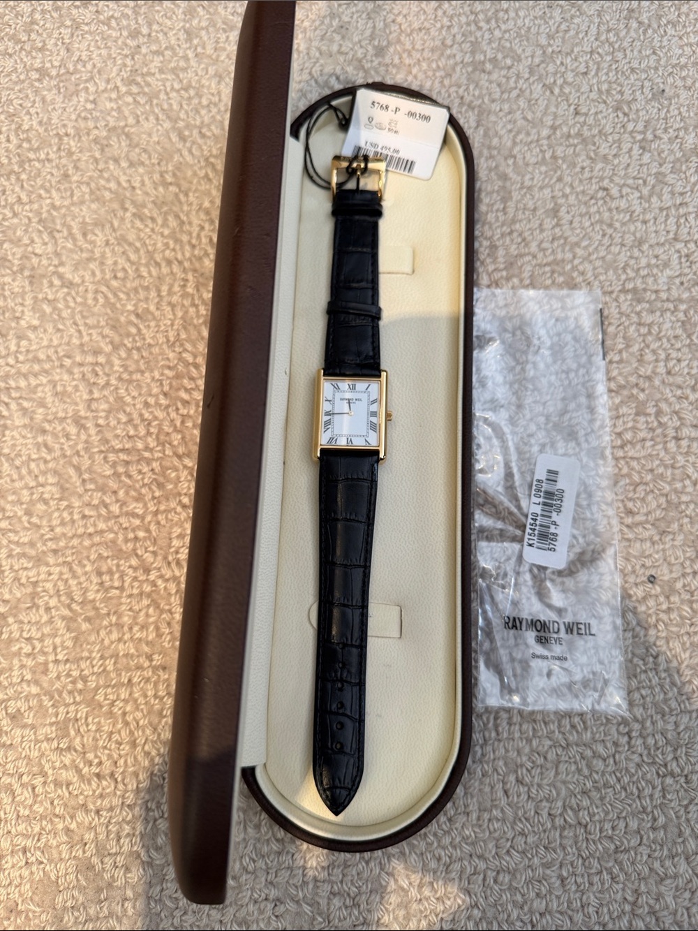 Raymond Weil Men's Black Leather Strap Gold-Tone Square Dress Watch
